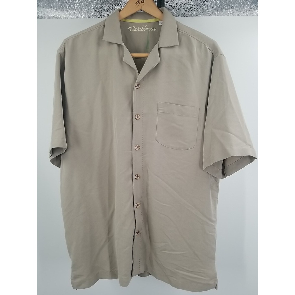 Caribbean Short Sleeve Button Up Hawaiian Shirt Men's Size‎ L Large Tan